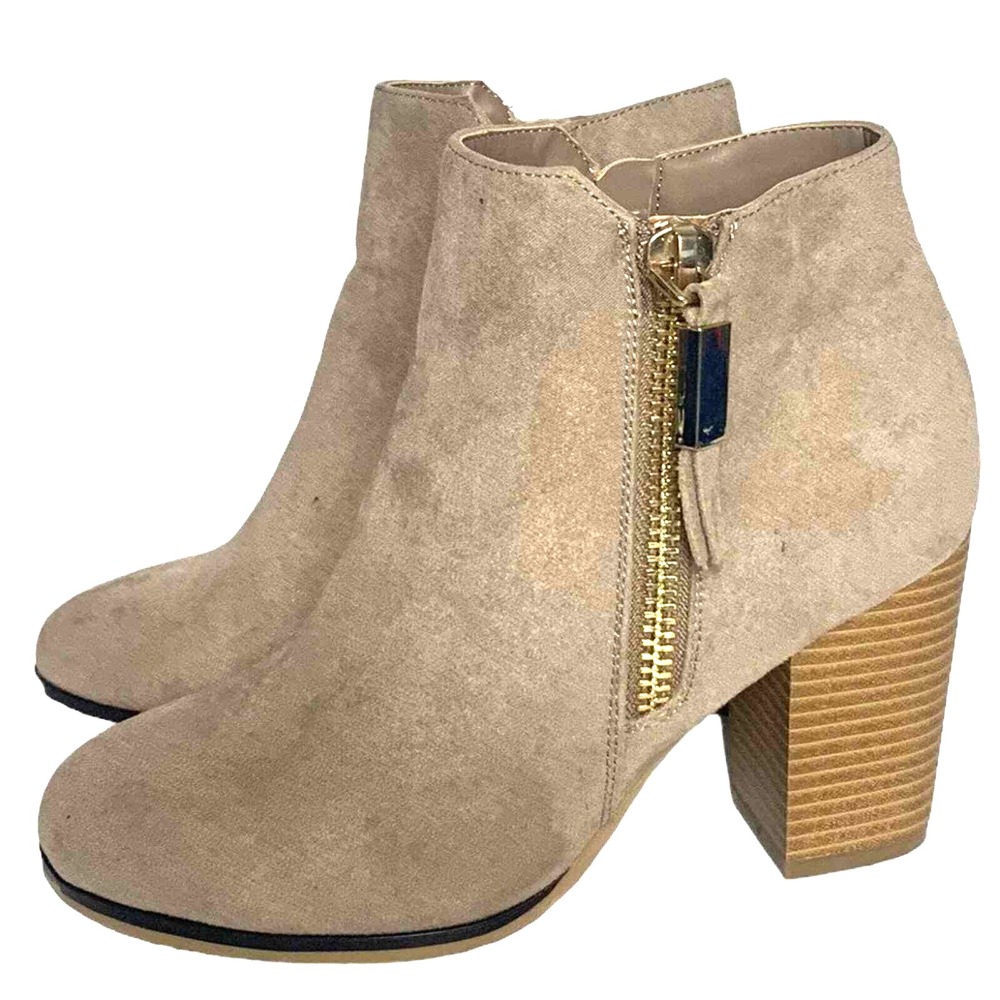 Tan Faux Suede Ankle Boots Gold Side Zip Stacked Block Heel Booties Size 8.5